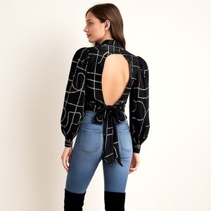 Good Soul Black White Abstract Open Back Tie Blouse High Neck size Medium
